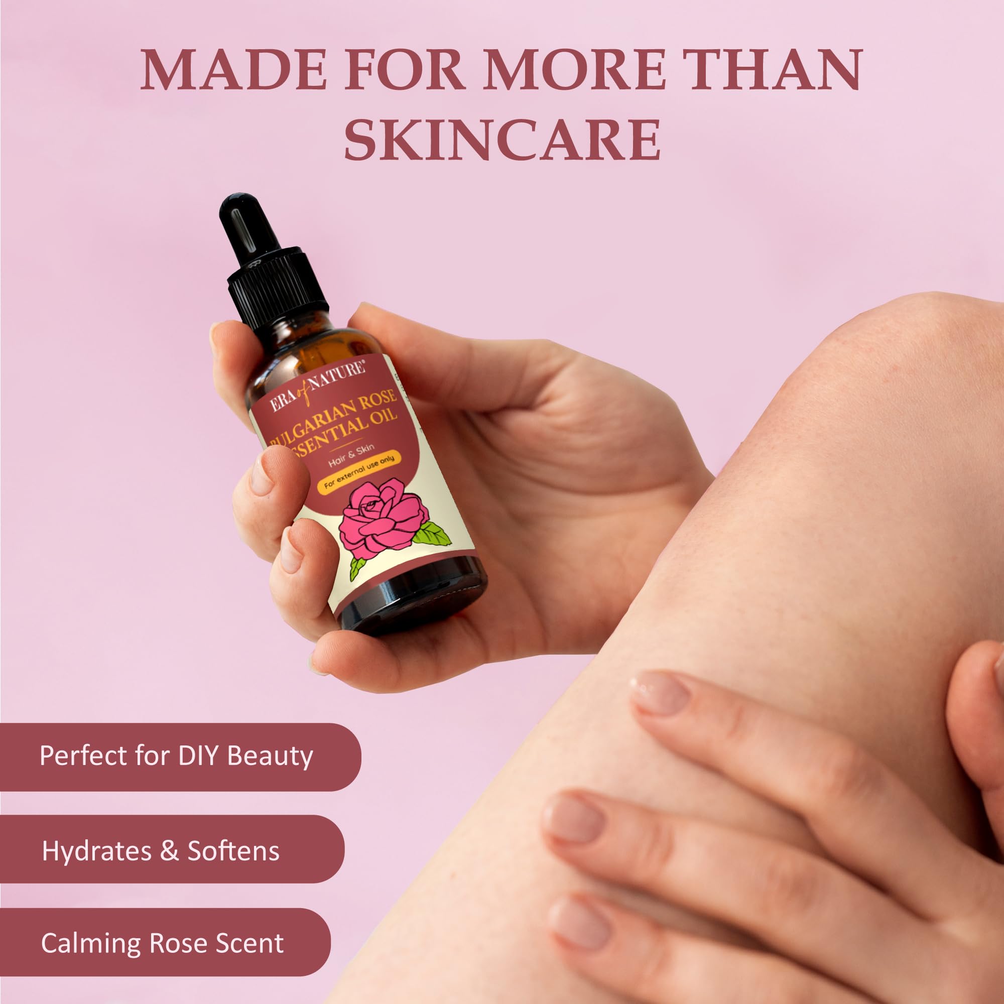 Era of Nature Bulgarian Rose oil close-up with petals highlighting natural purity and fragrance.