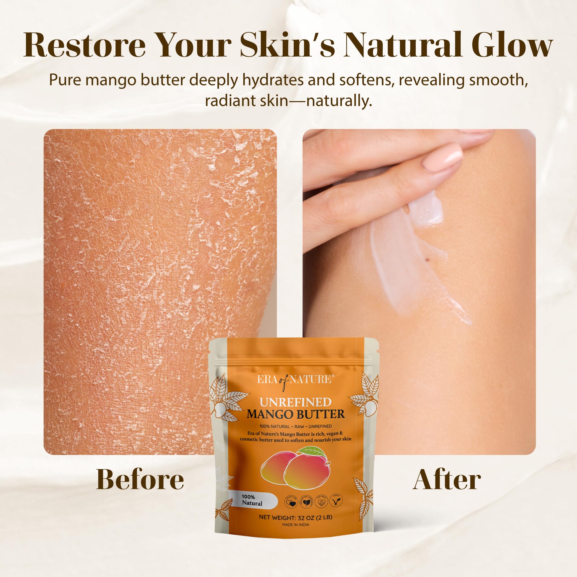 era of nature mango butter bar application skin closeup shows non-greasy hydration.