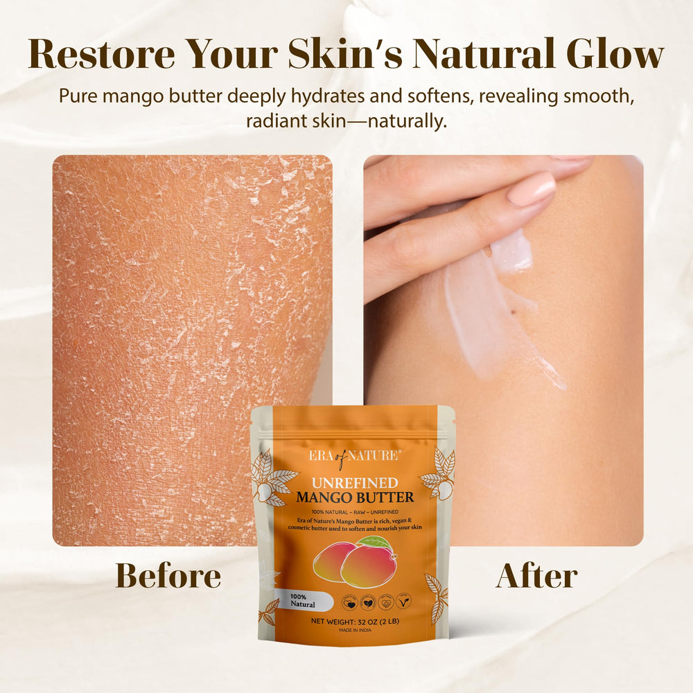 era of nature mango butter bar application skin closeup shows non-greasy hydration.