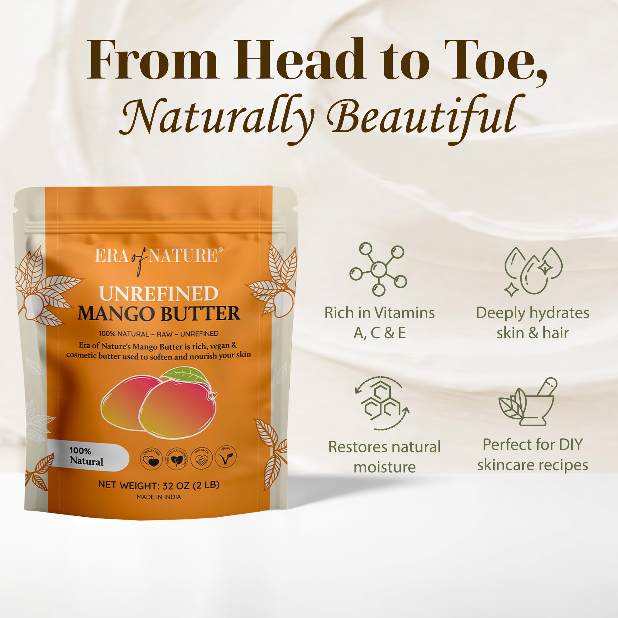era of nature organic raw mango butter slice closeup delivers rich creaminess for DIY skincare.