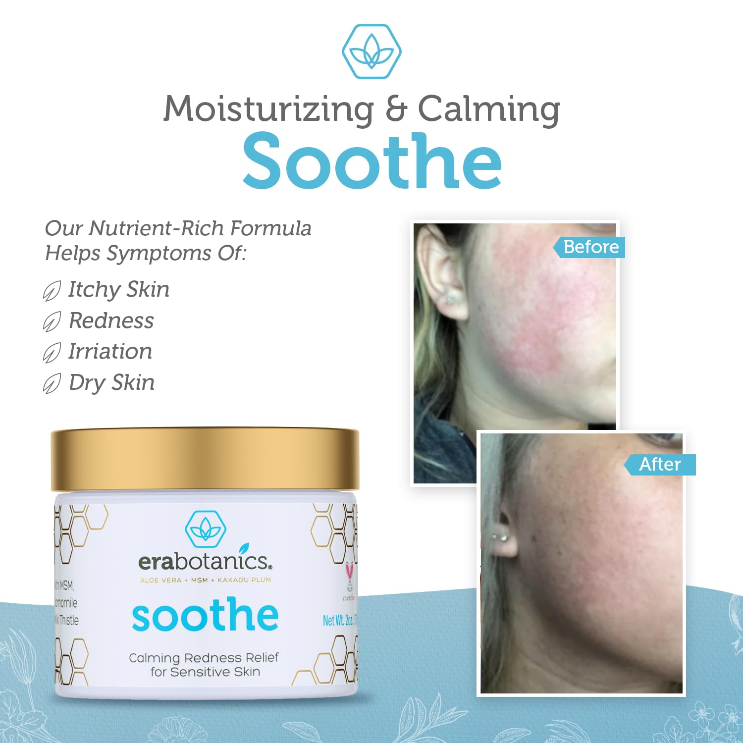 Era Organics cream-redness-relief chamomile-botanicals shot conveys calm, gentle hydration for redness-prone skin.