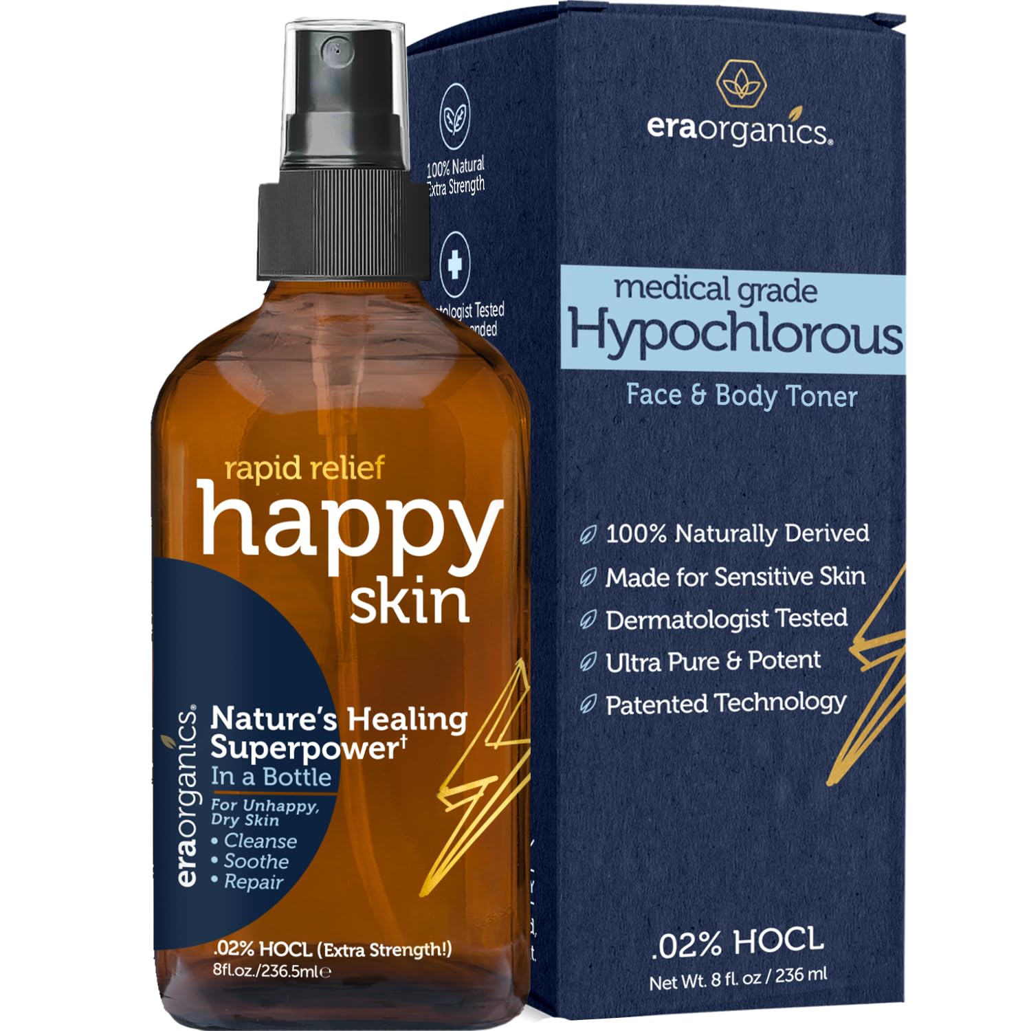 Era Organics Happy Skin toner empty bottle promoting eco-friendly, refill-friendly routine.