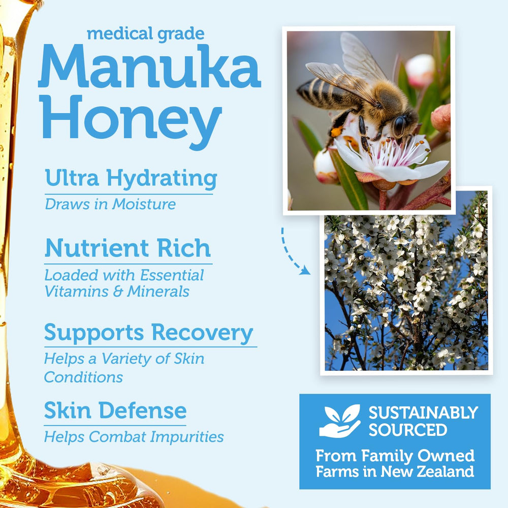 Era Organics Manuka Honey Exfoliating Face Scrub bottle shown to support moisturized, balanced skin.