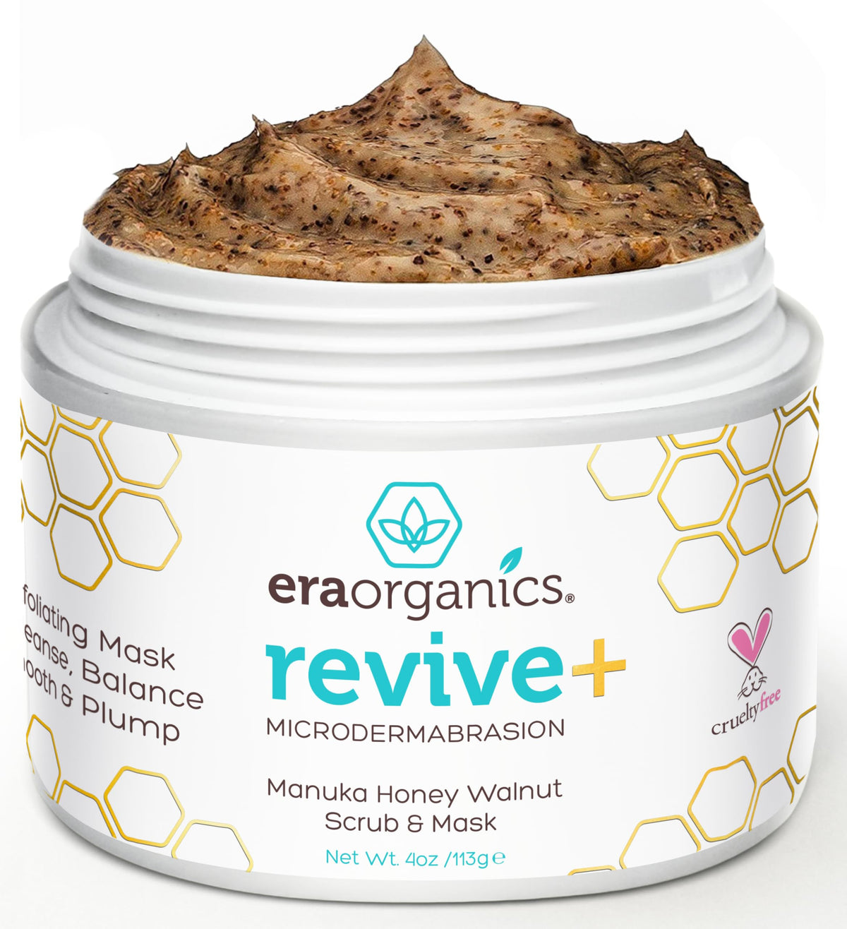 Era Organics Manuka Honey Exfoliating Face Scrub jar closeup for smoother skin.