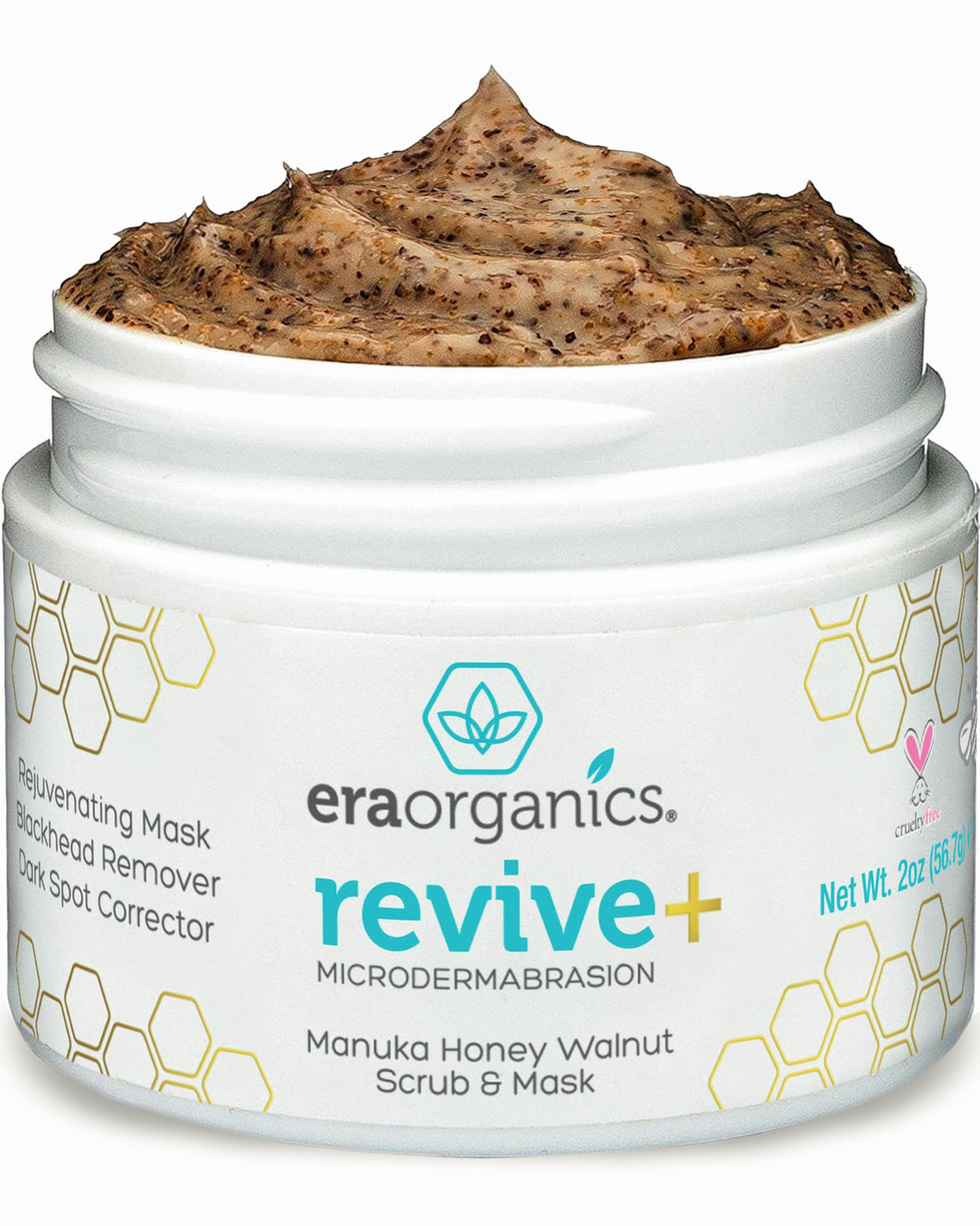 Era Organics Manuka Honey Exfoliating Face Scrub packaging closeup for gentle exfoliation.