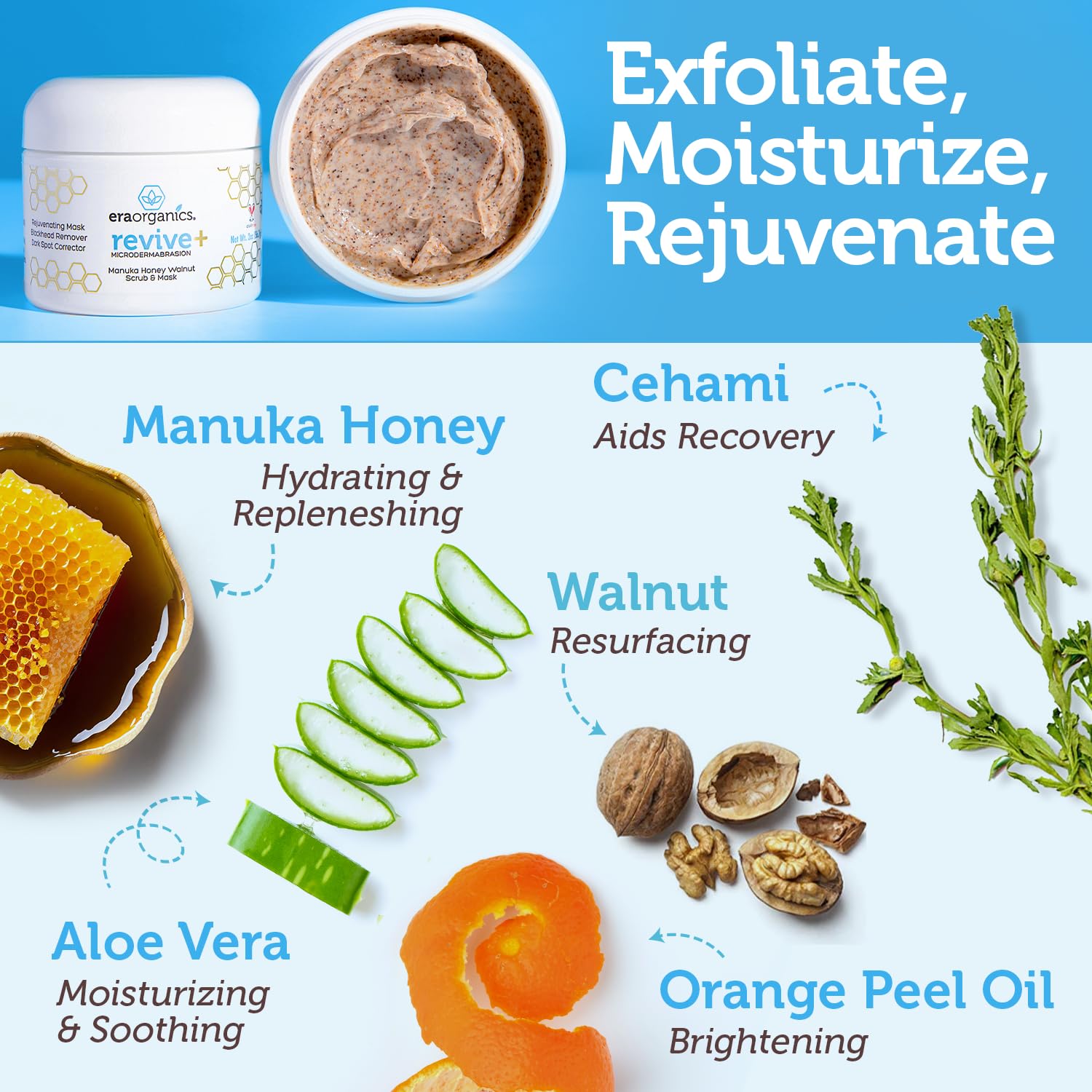 Era Organics Manuka Honey Exfoliating Face Scrub texture closeup shows creamy, gentle exfoliation.