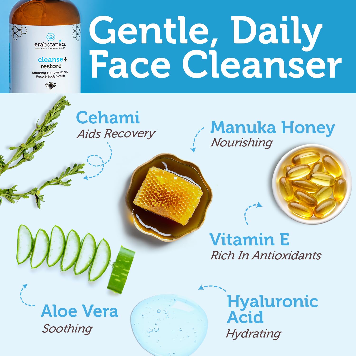 Era Organics Manuka Honey Face Wash cehami-extract detail highlighting soothing skin support