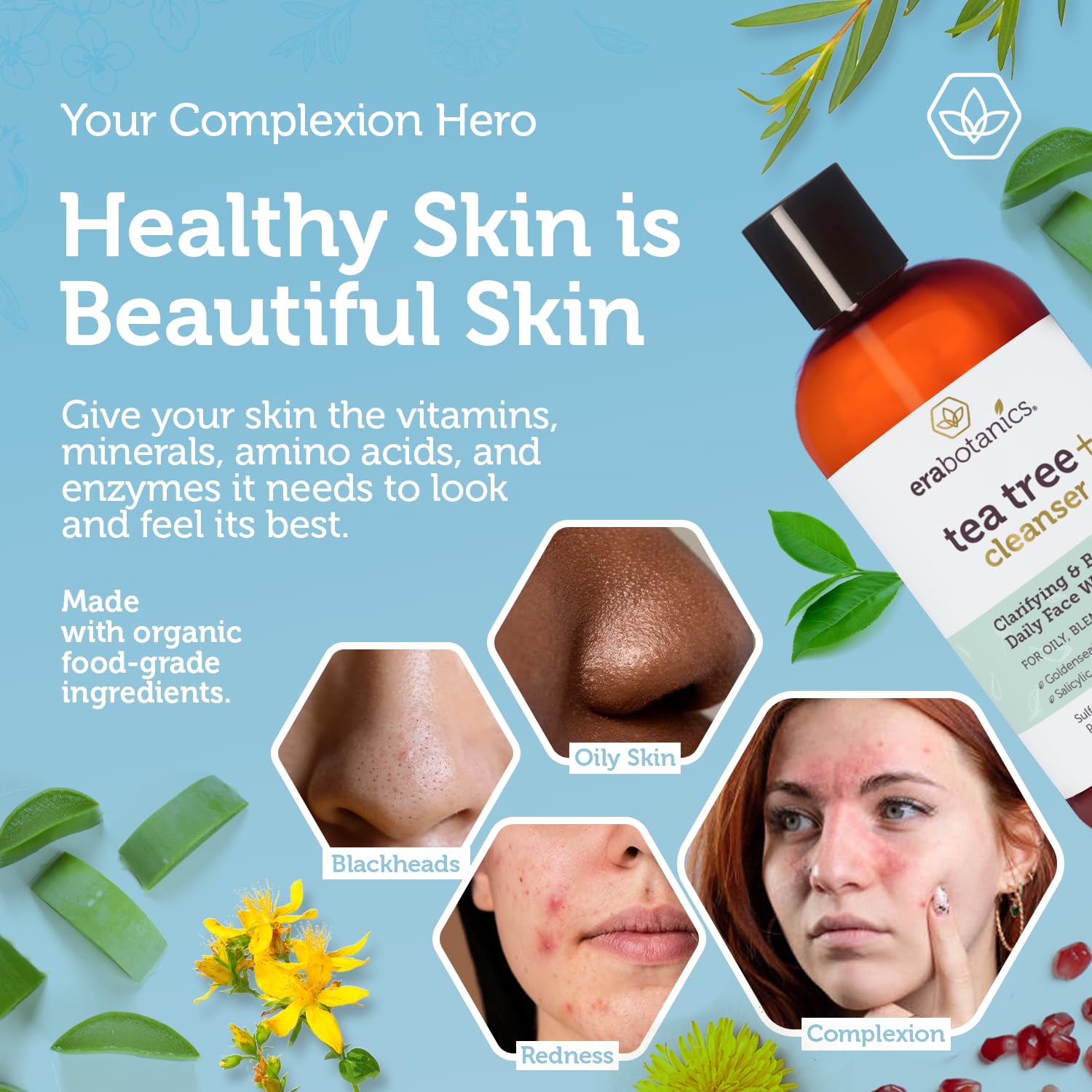 Era Organics Purifying Tea Tree Face Wash closeup on clear skin after use
