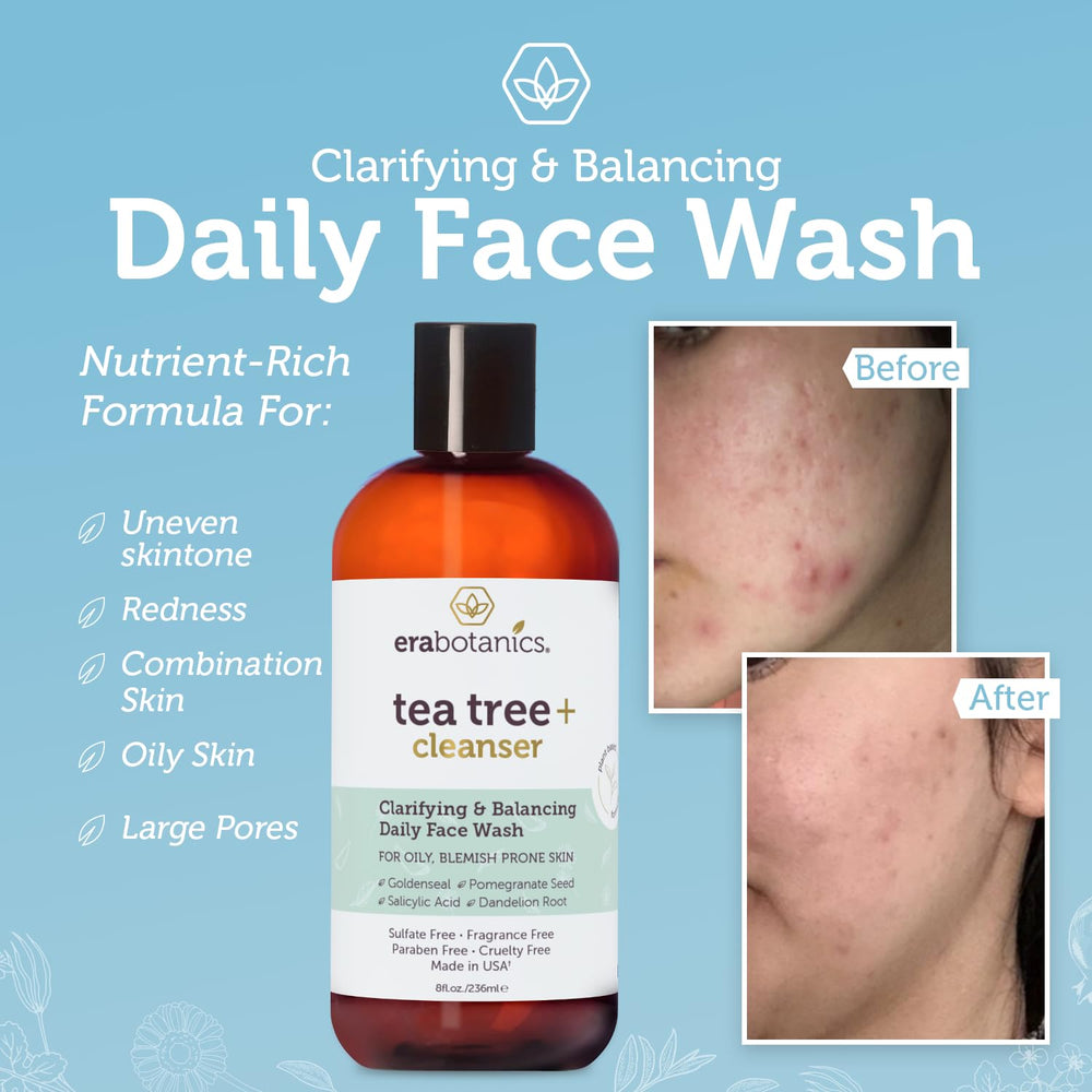 Era Organics Purifying Tea Tree Face Wash packaging highlights USA made and cruelty-free