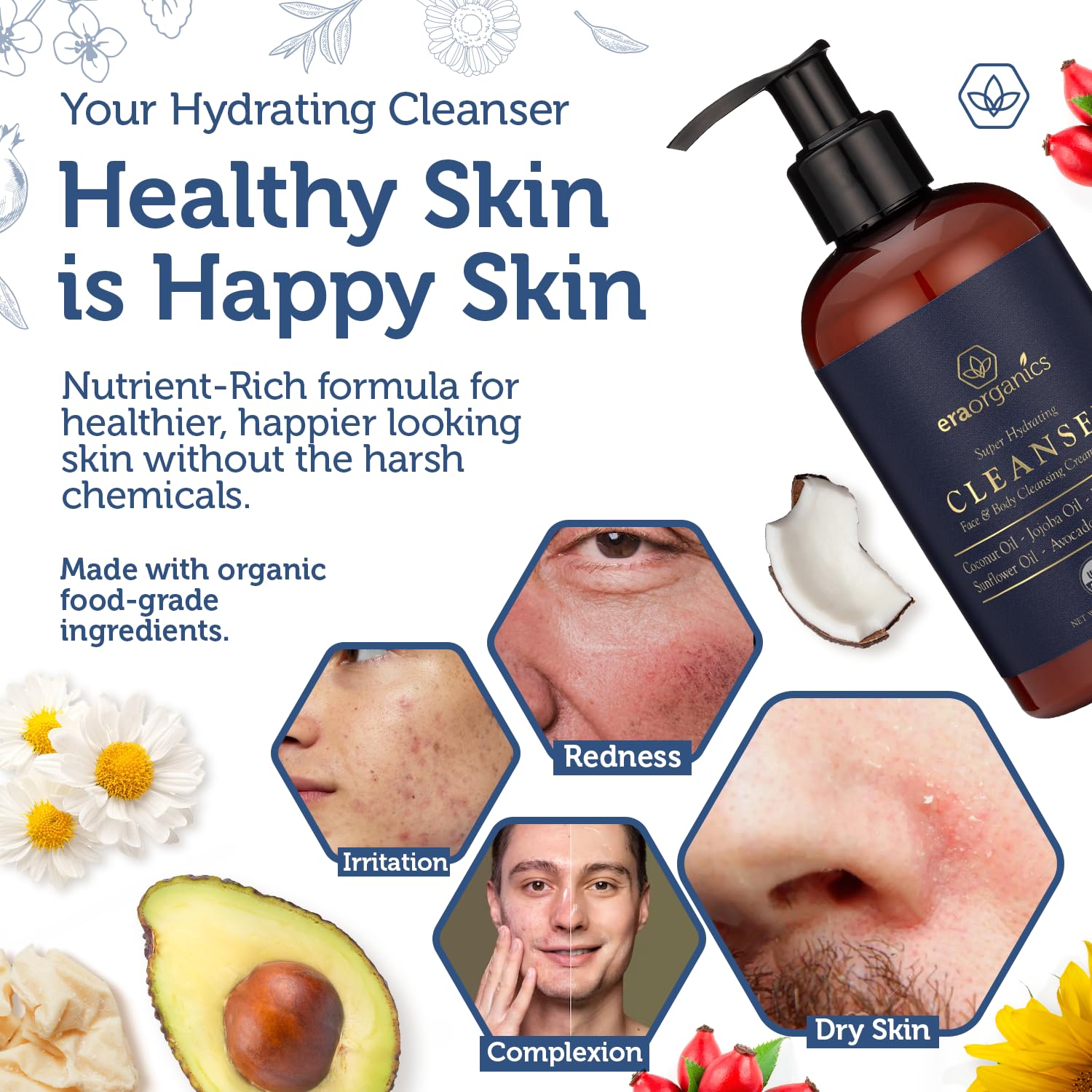 Era Organics sensitive skin cleanser bottle highlights hypoallergenic nourishing formula