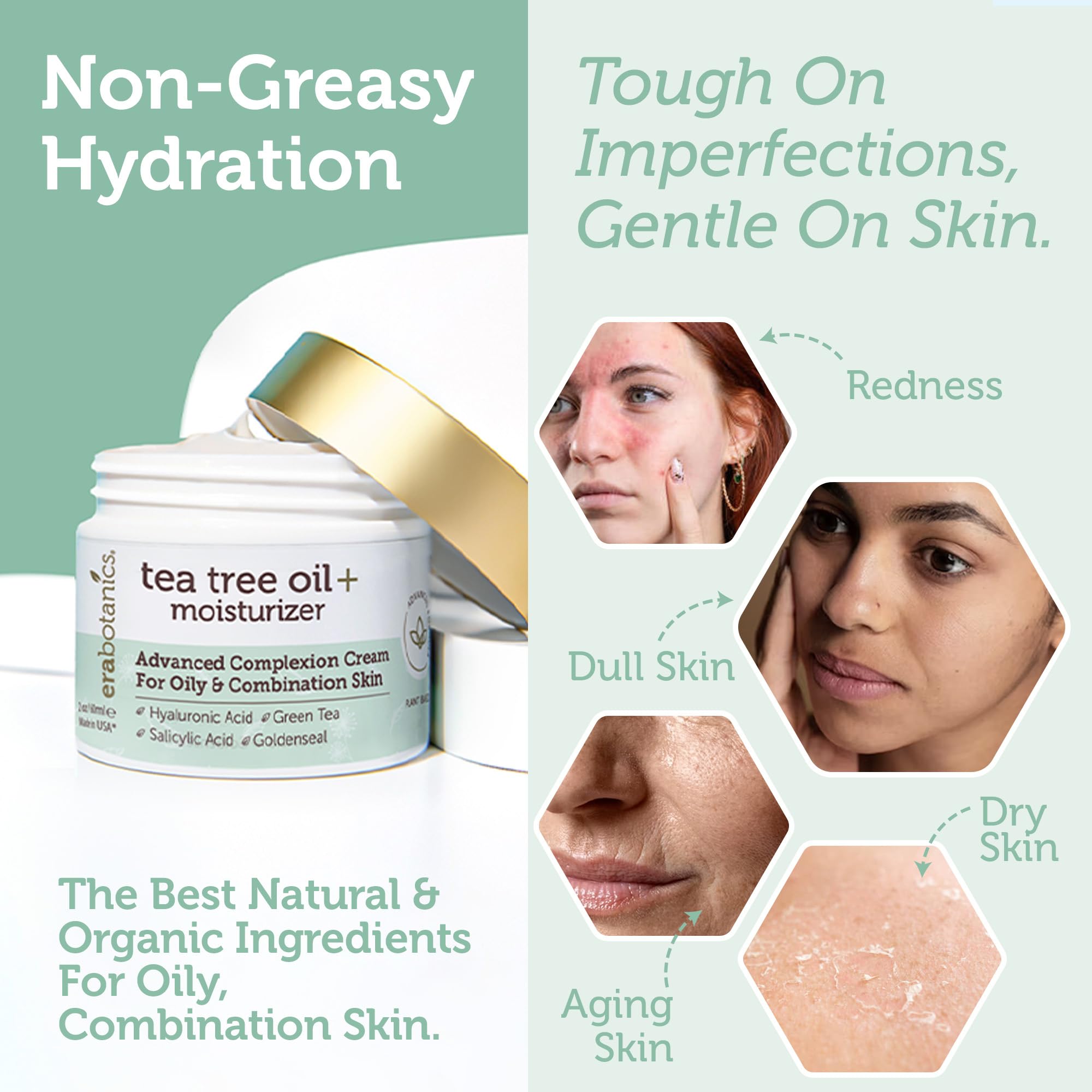 Era Organics Tea Tree Cream ingredients scene with willow bark and green tea
