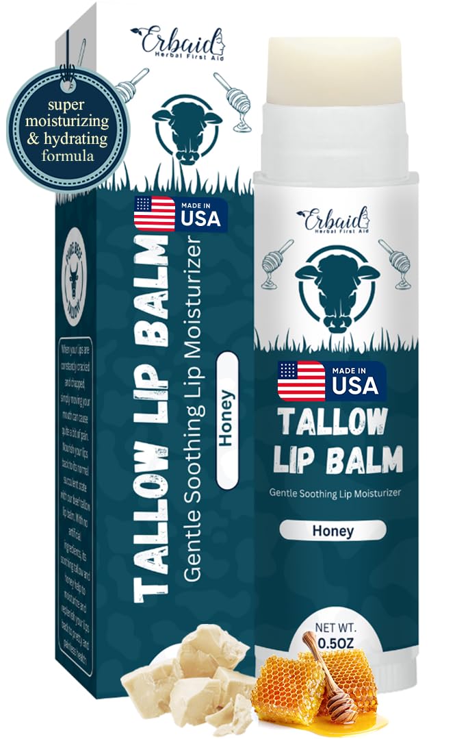 Erbaid beef tallow lip balm jar close-up showing creamy hydration for dry lips