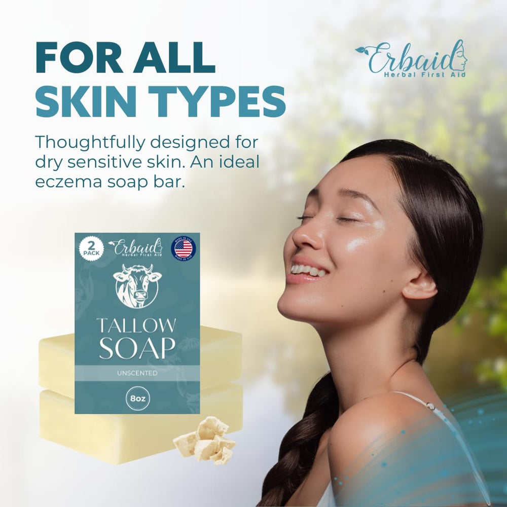 Erbaid beef tallow soap bar unscented packaging emphasizes dye-free, hypoallergenic skincare