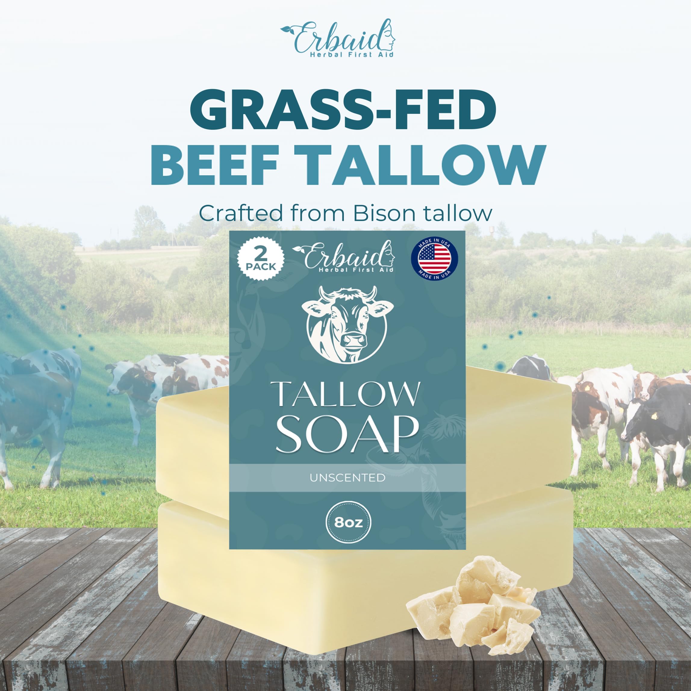 Erbaid beef tallow soap bar texture detail suggests nourishing base for skin