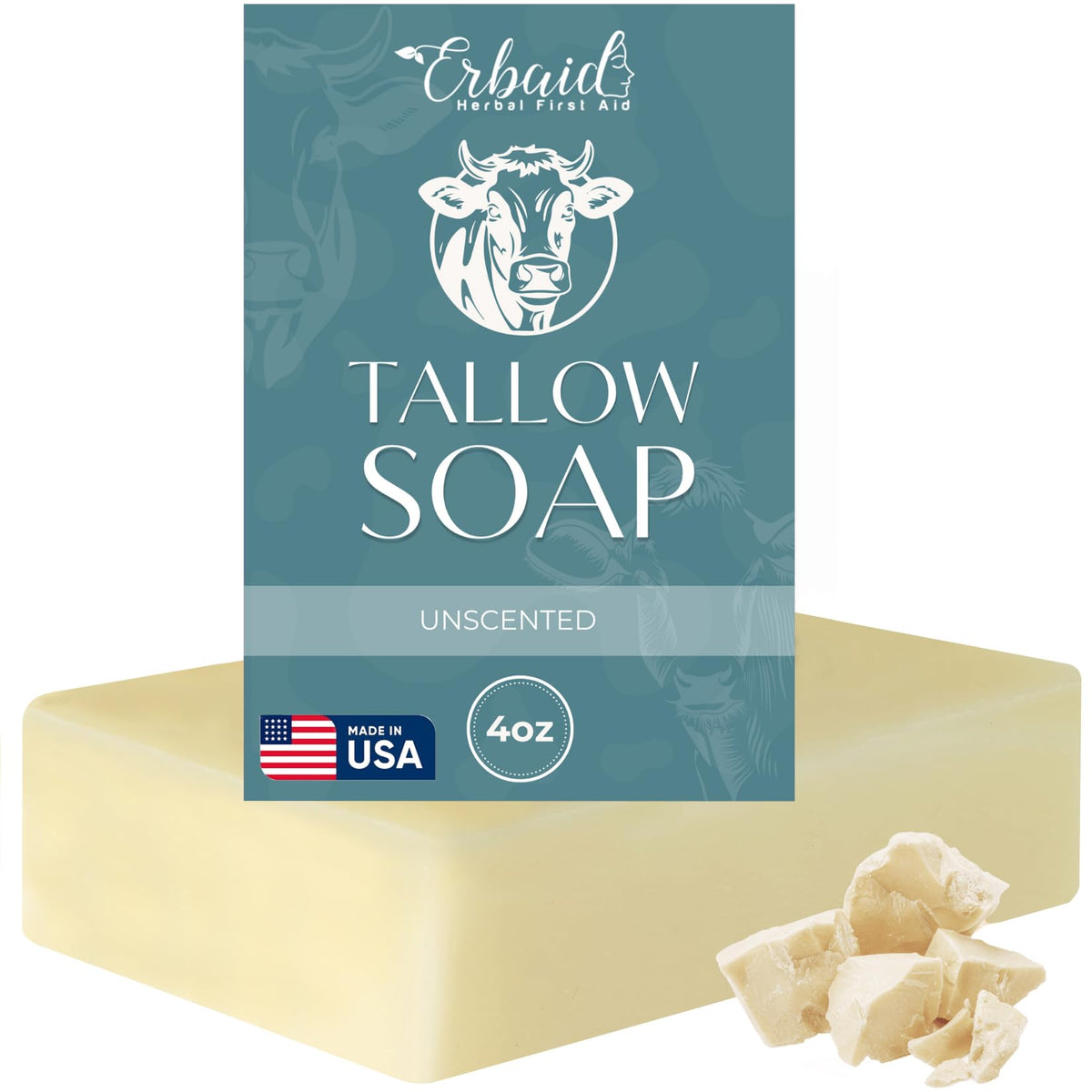 Erbaid beef tallow soap bar unwrapped shows fragrance-free cleansing for sensitive skin