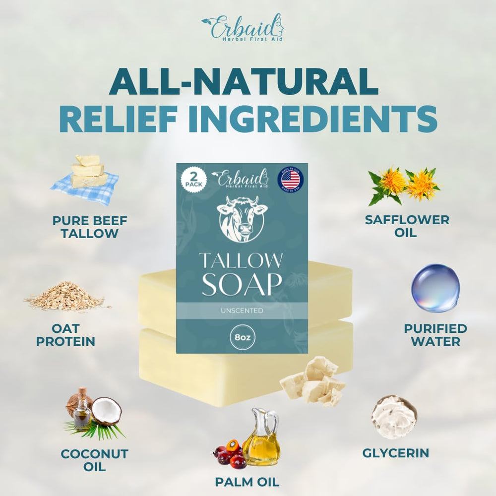 Erbaid beef tallow soap bar ingredients label shows grass-fed tallow core