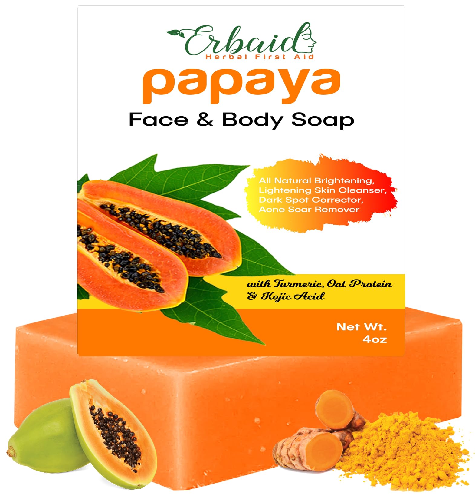 Erbaid Papaya Soap bar closeup highlighting brightening formula for even tone.