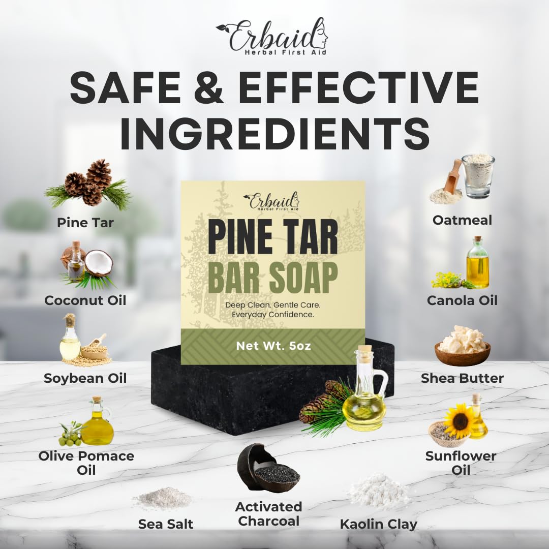 Erbaid Pine Tar Soap with activated charcoal swirl aids dirt removal.