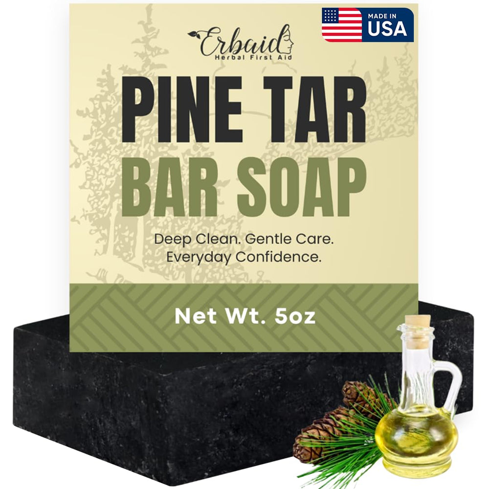 Erbaid Pine Tar Soap bar closeup for daily cleansing with natural texture.