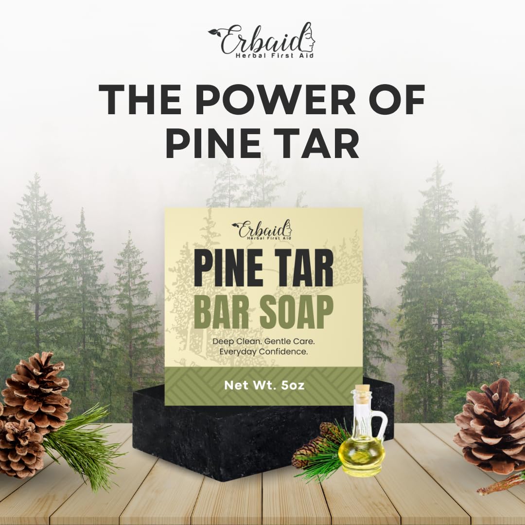 Erbaid Pine Tar Soap bar ingredients closeup shows oatmeal and charcoal for gentle exfoliation.