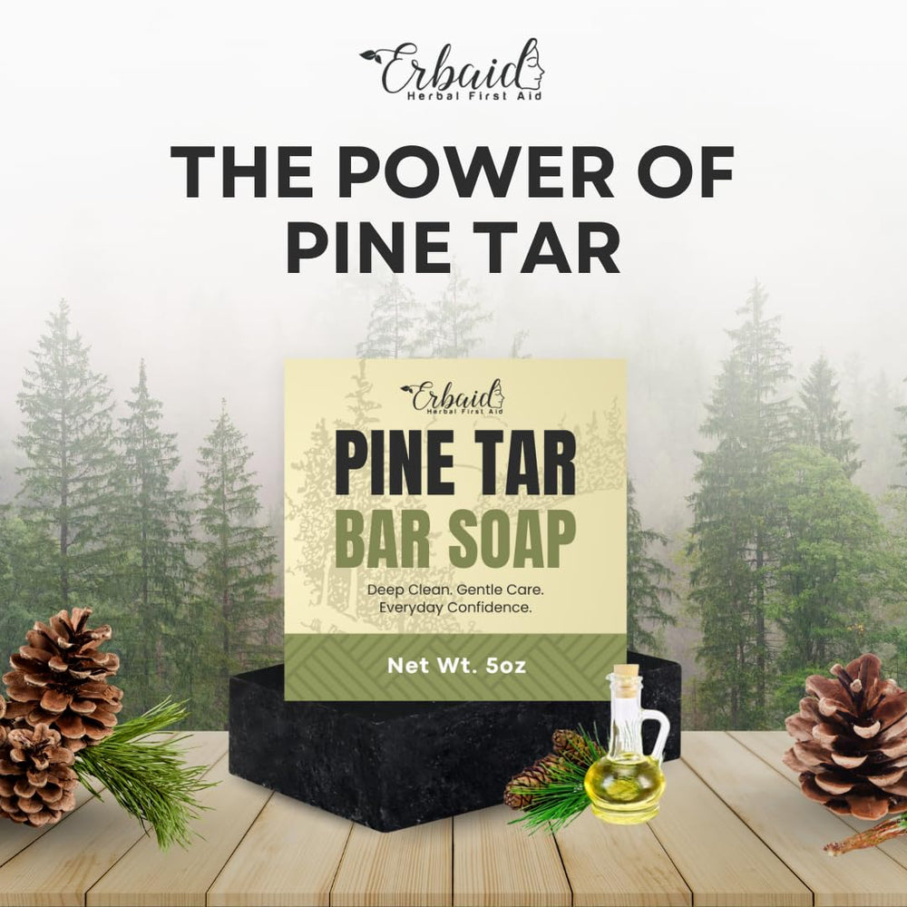 Erbaid Pine Tar Soap bar ingredients closeup shows oatmeal and charcoal for gentle exfoliation.