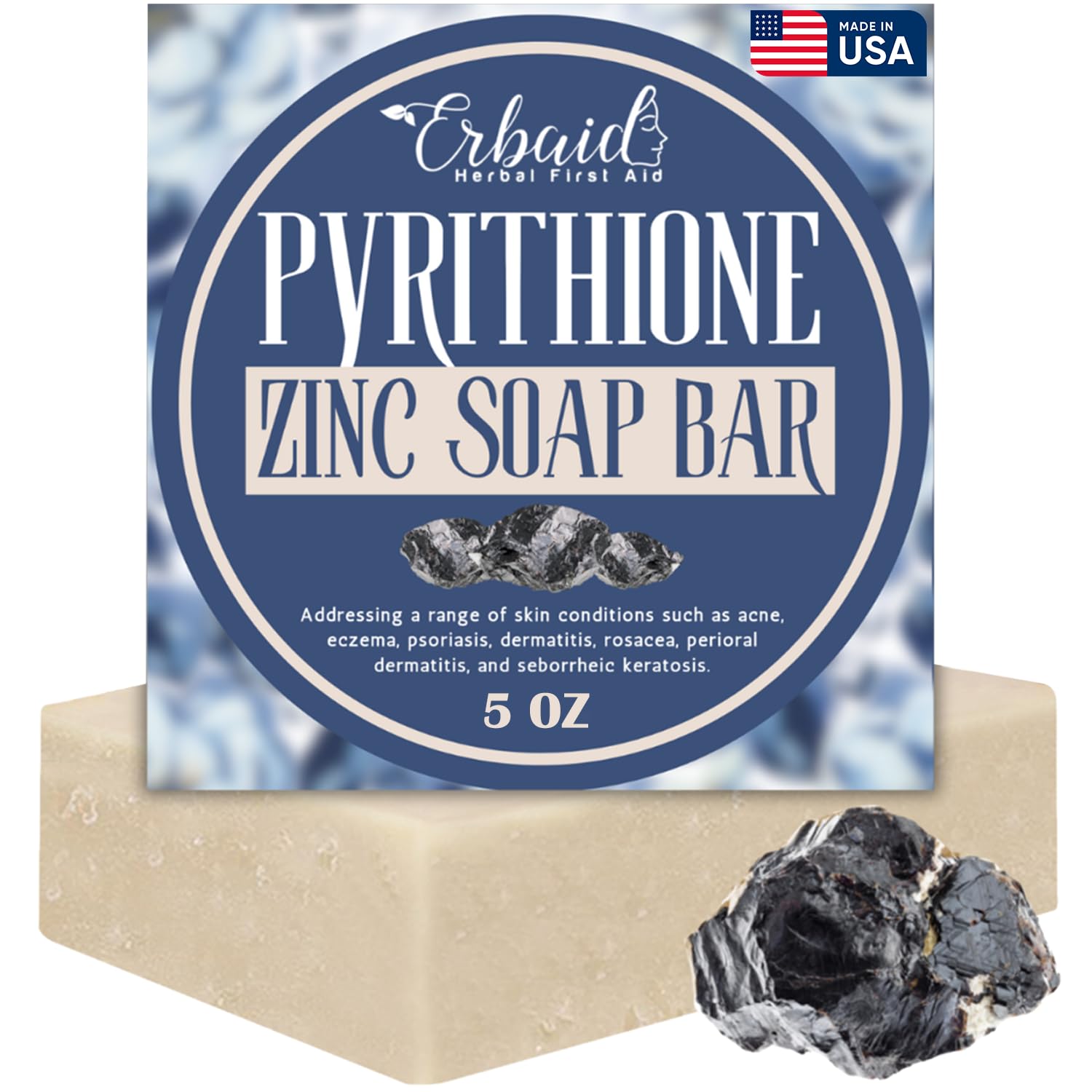 Erbaid pyrithione zinc soap bar front view for cleansing and soothing.