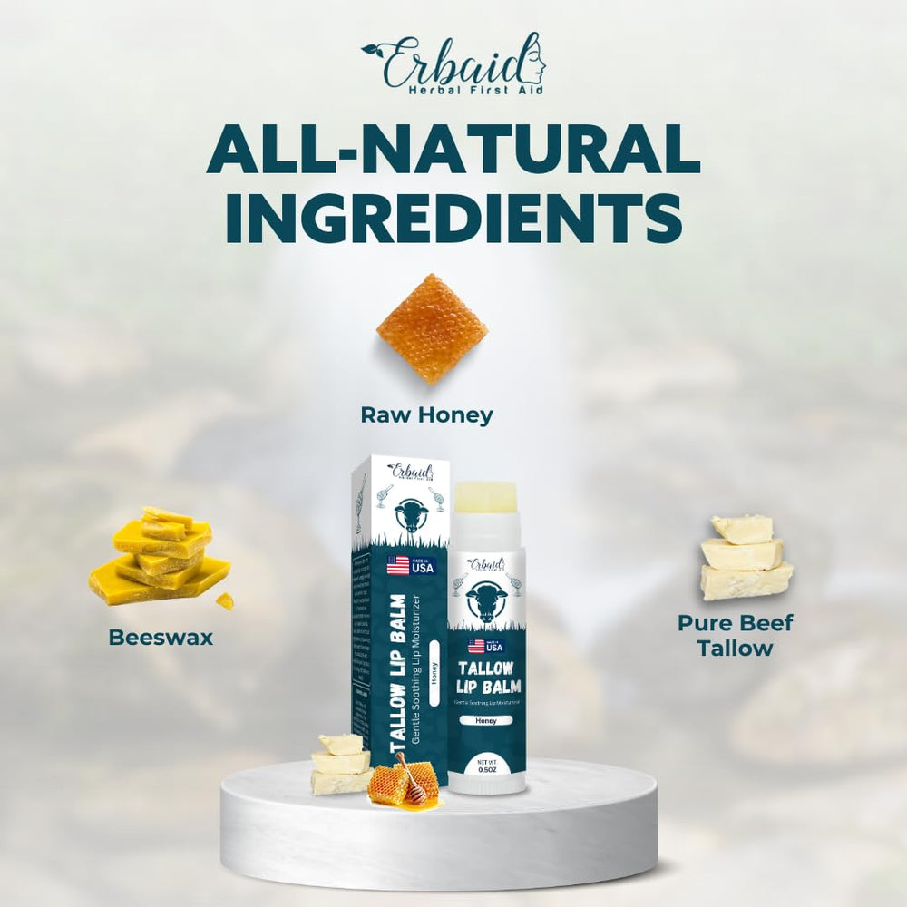 Erbaid vitamin-rich lip balm highlighting vitamins A, D, E, and K for lip health