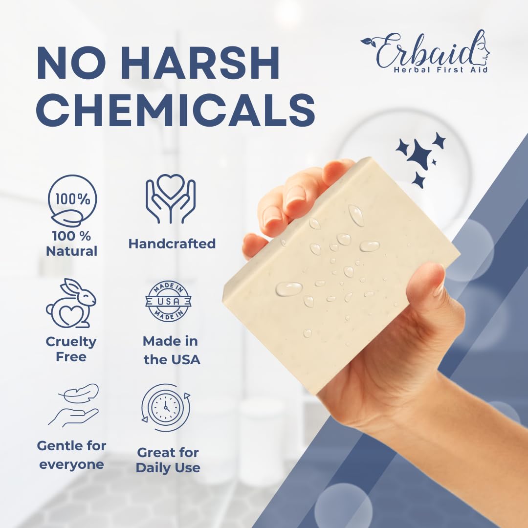 Erbaid zinc-therapy soap closeup highlighting 2% zinc for skin support.