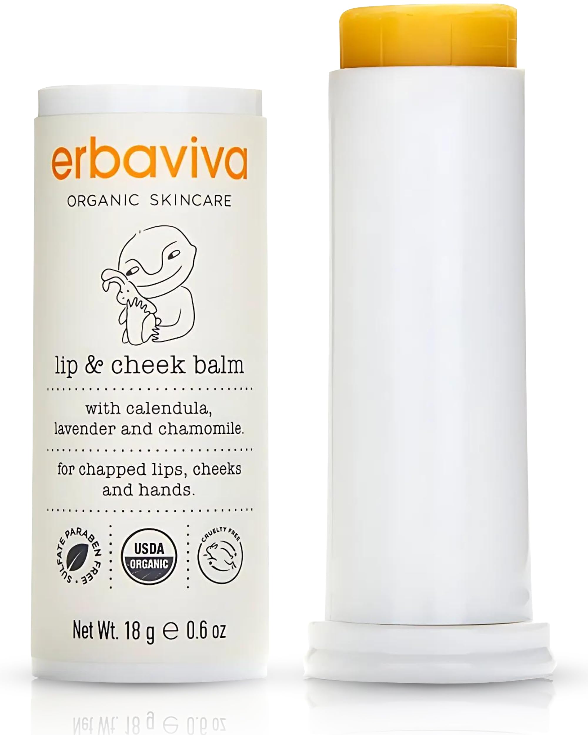 Erbaviva Lip and Cheek Balm roll-up close-up shows travel-friendly moisture.