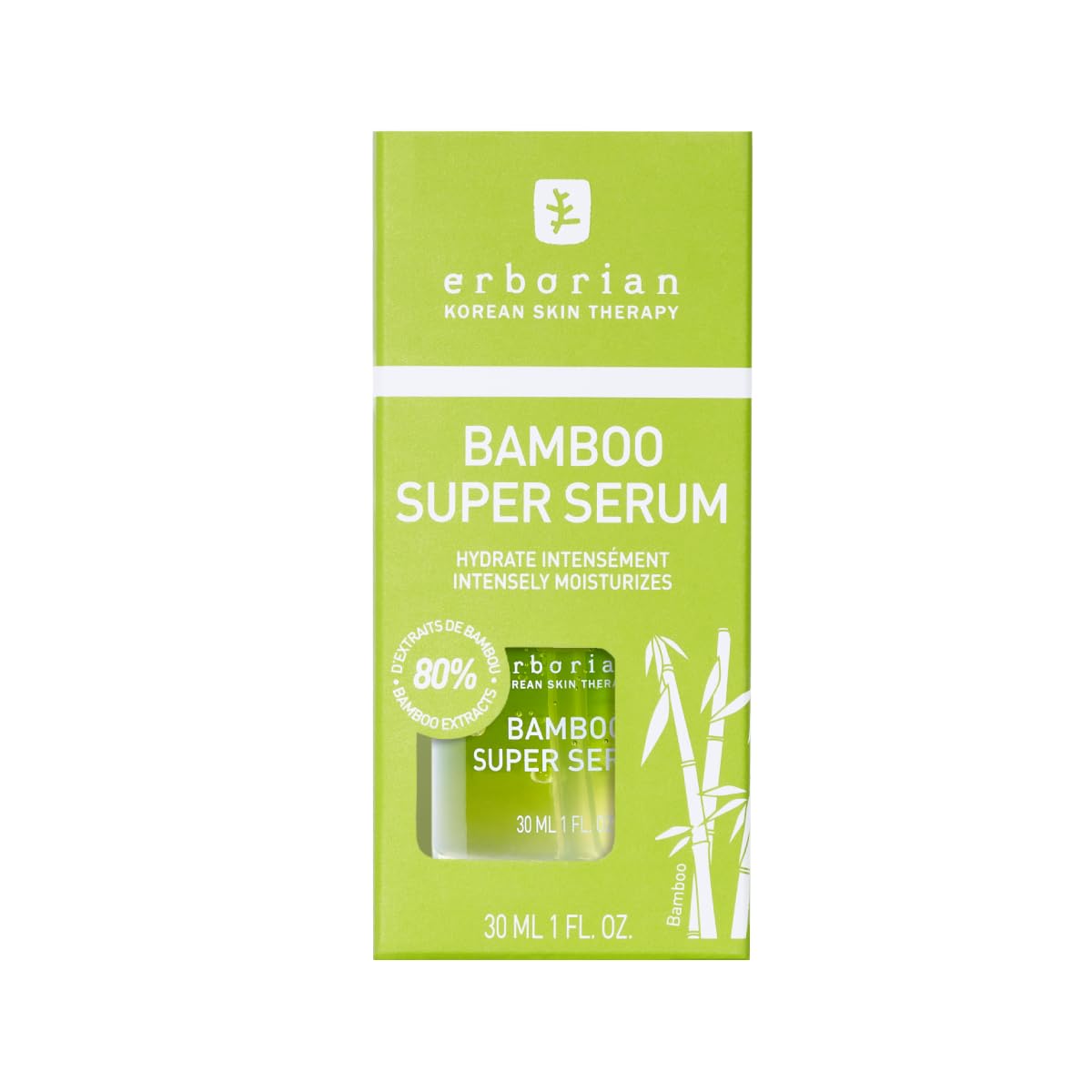 Applying Erborian Bamboo Super Serum during daily skincare routine on the face.