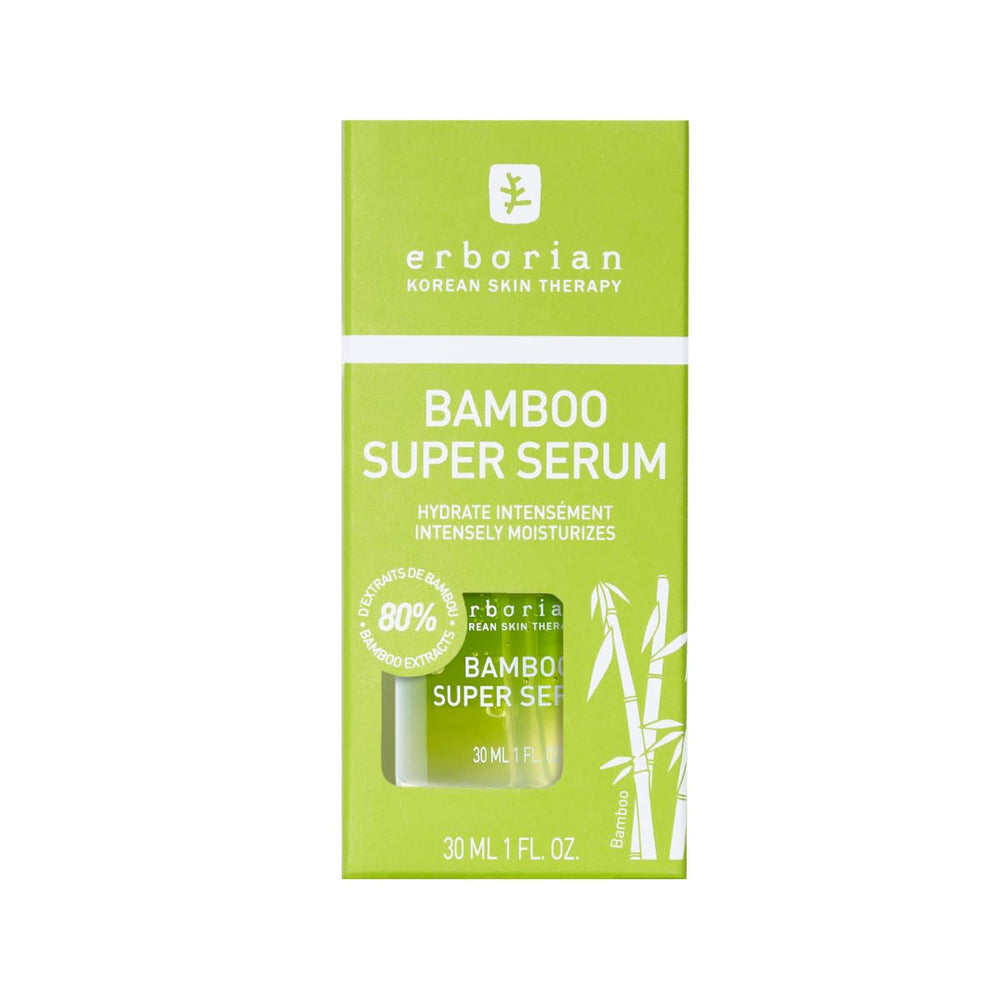 Applying Erborian Bamboo Super Serum during daily skincare routine on the face.
