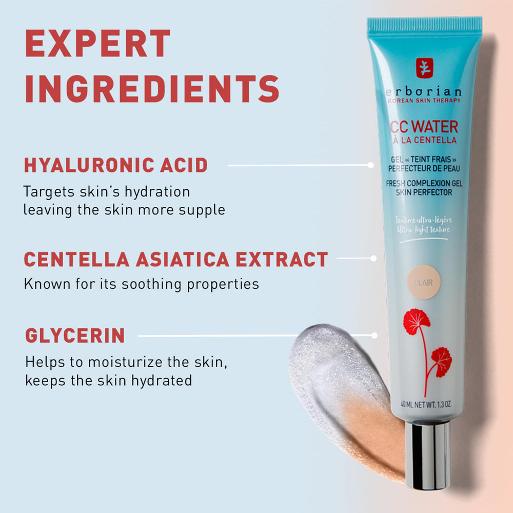 Erborian CC Water Caramel contains hyaluronic acid for moisture and plumpness.
