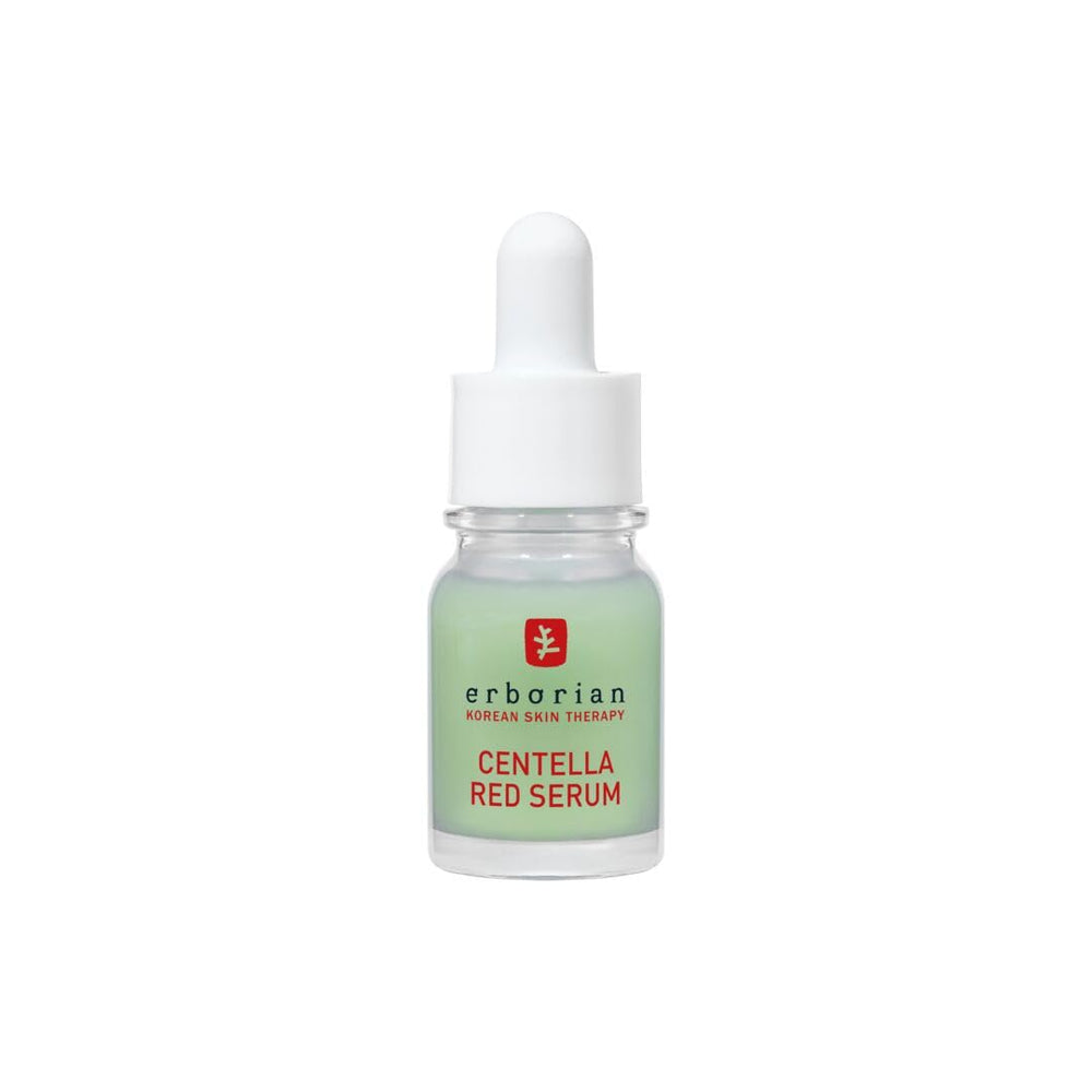 Erborian Centella Red Serum 10ml bottle closeup, fragrance-free formula ideal for sensitive skin.