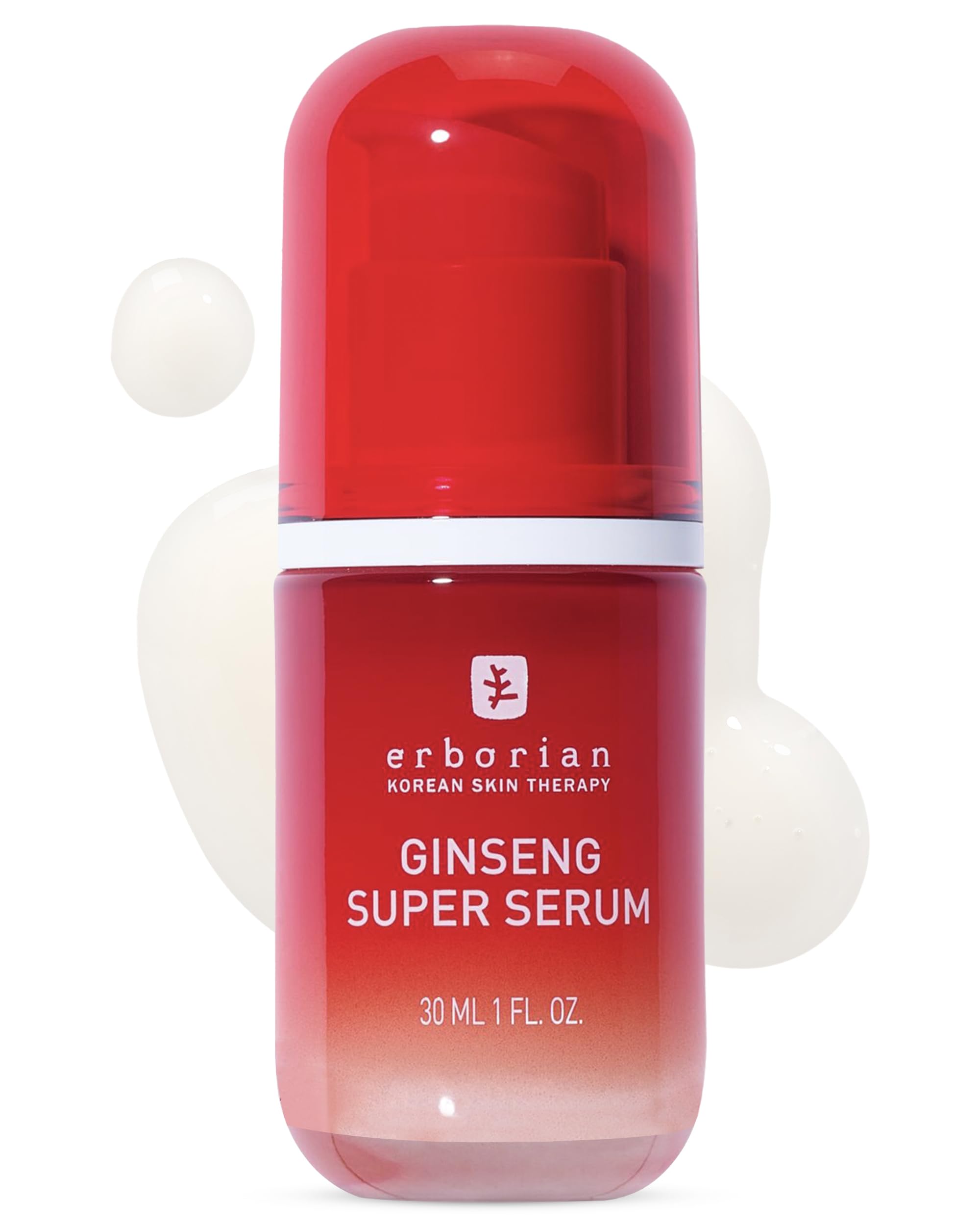 Erborian Ginseng Super Serum bottle closeup shows smoothing texture and radiant skin.