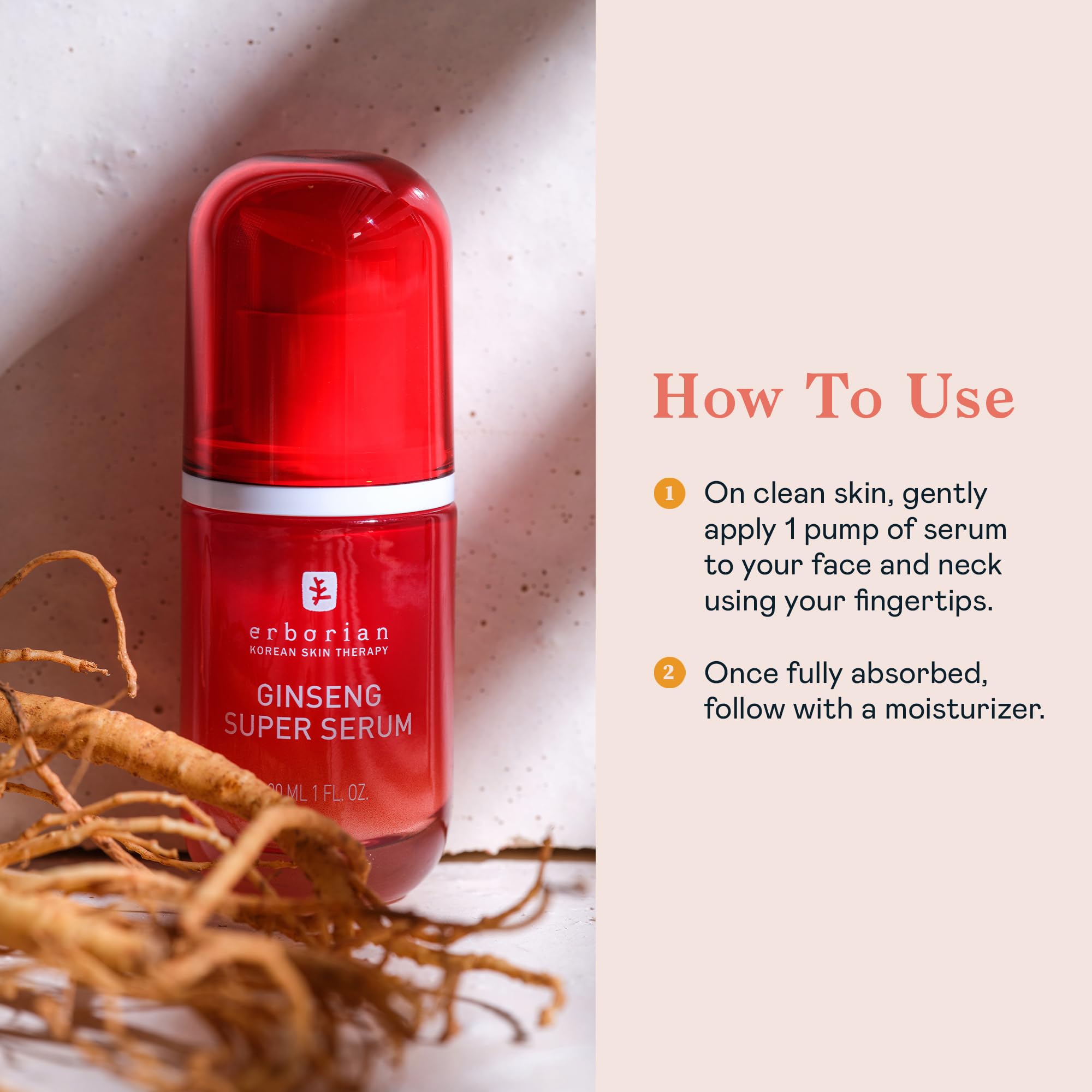 Erborian Ginseng Super Serum on hand suggests a natural glow and quick absorption.