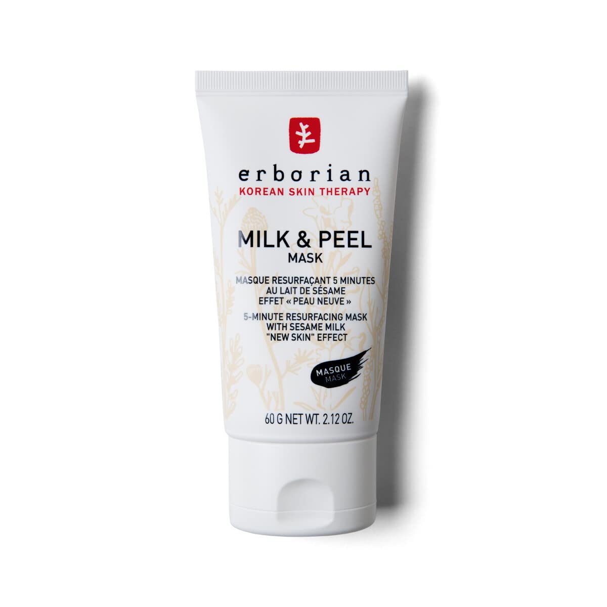 Erborian Milk & Peel Mask packaging close-up showing the sesame milk exfoliation feature.