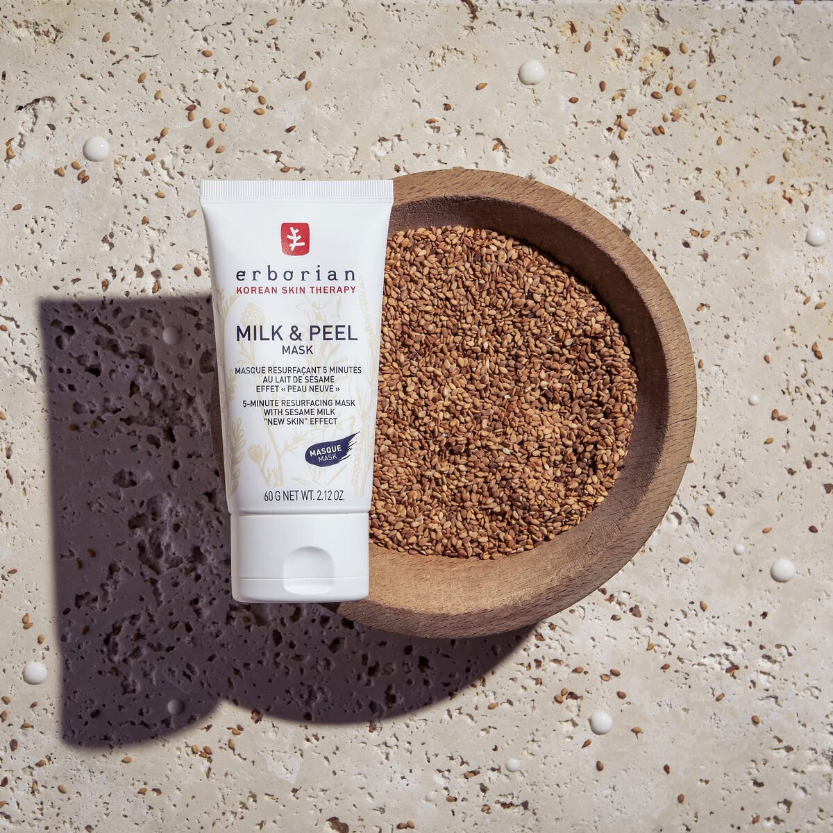 Erborian Milk & Peel Mask sesame oil nourishes for softer, refreshed skin after use.