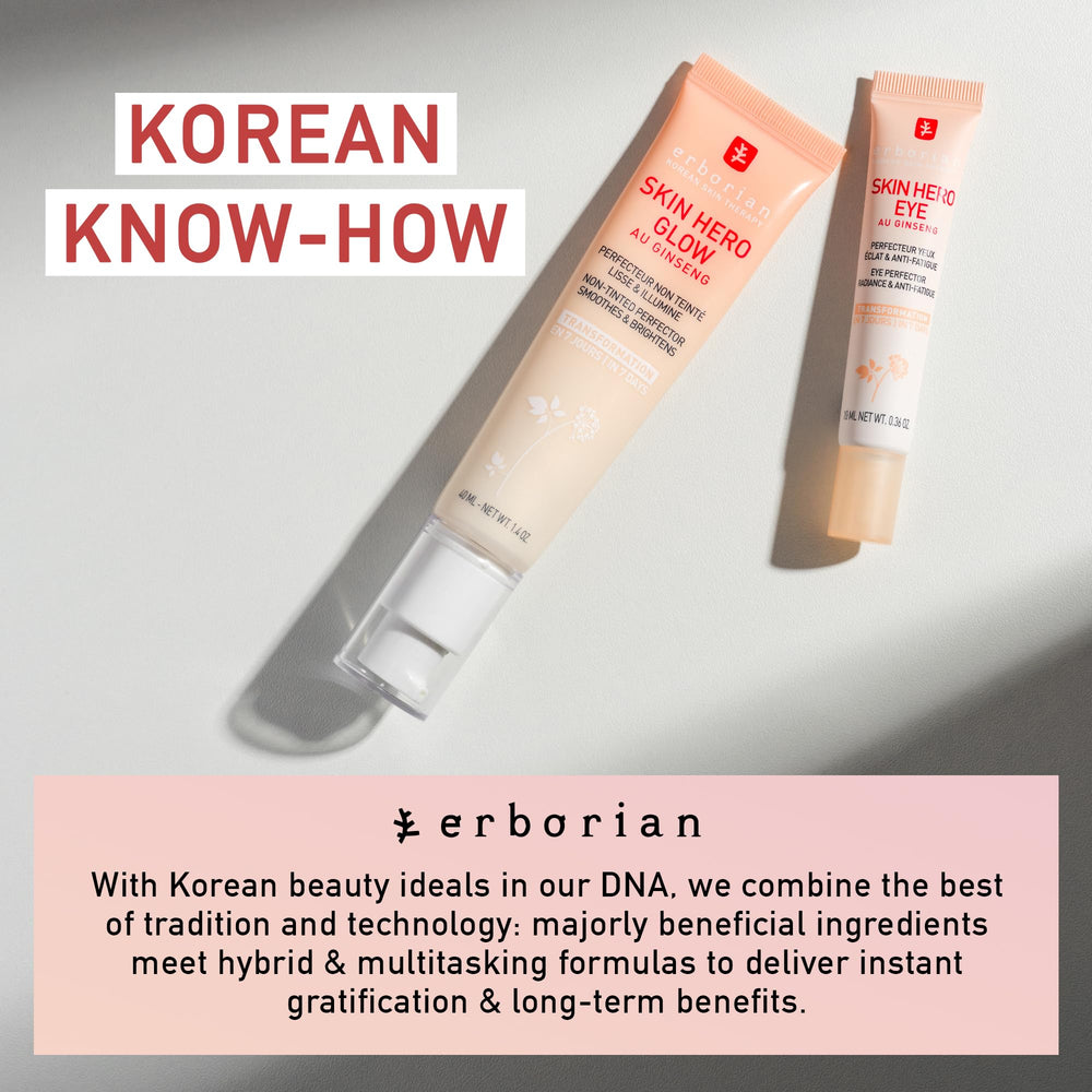 Erborian Skin Hero Eye Cream flatlay with clean styling and product details.