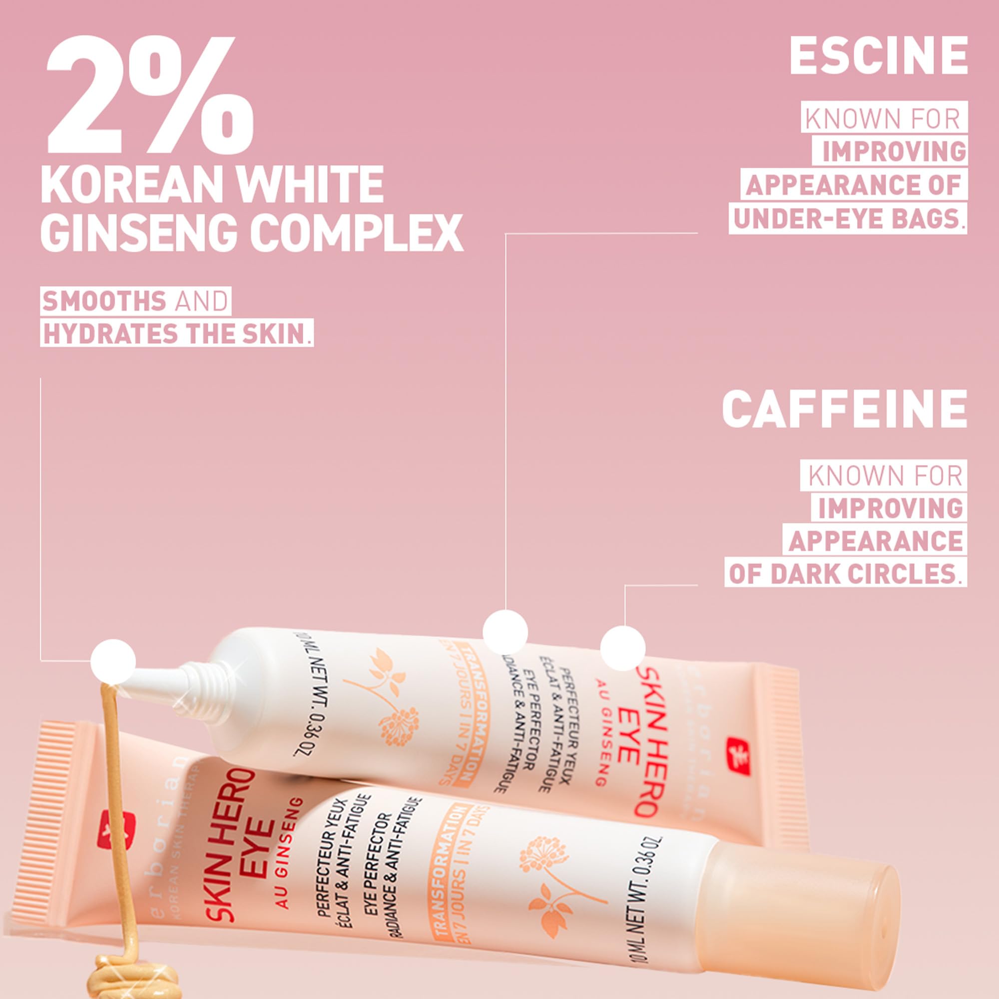 Erborian Skin Hero Eye Cream packaging label highlights clean ingredients and study details.