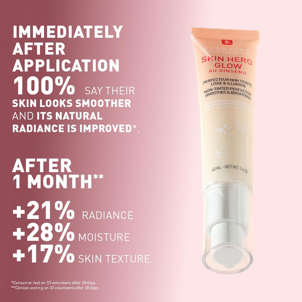 Erborian Skin Hero Glow ingredients graphic featuring ginseng and hyaluronic acid