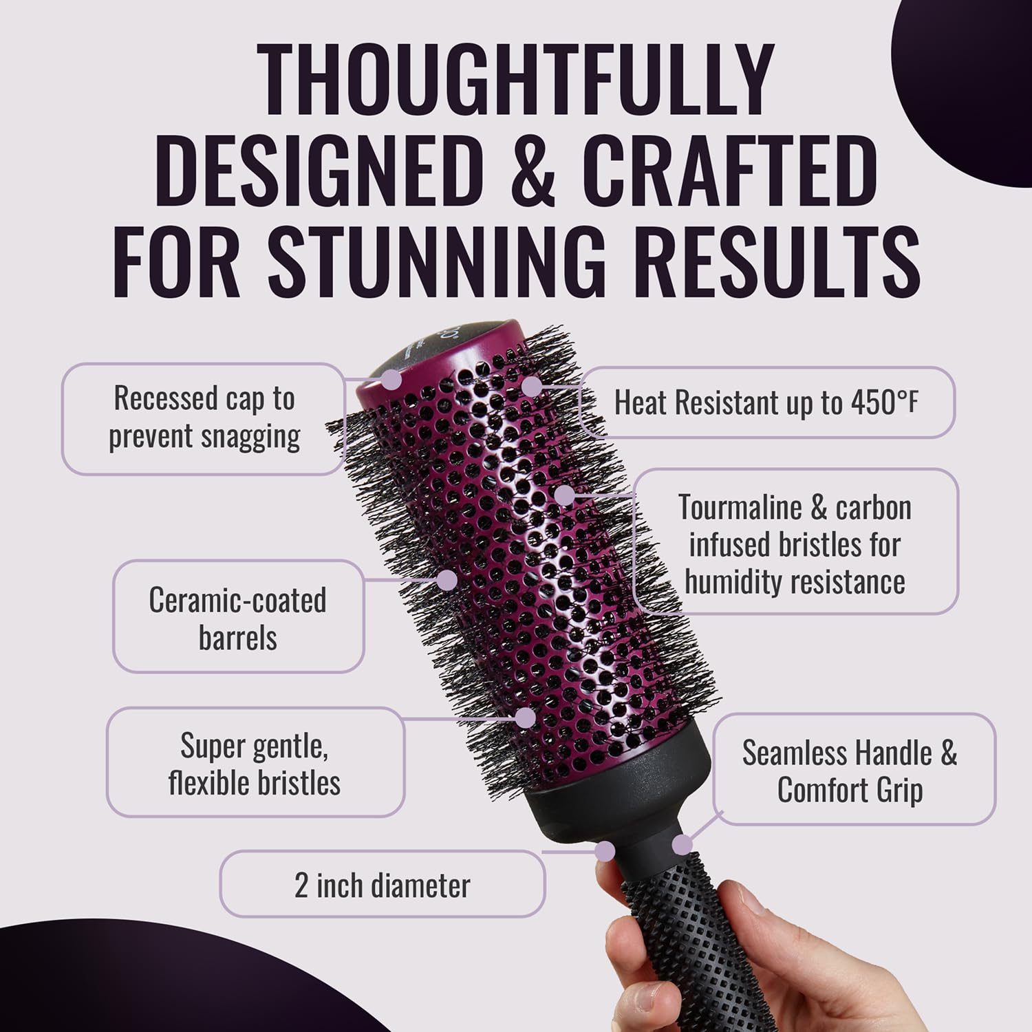 ERGO ceramic-coated barrel blowout illustration showing even heat distribution and quick styling