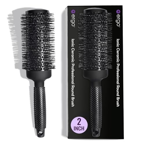 ERGO Ceramic Ionic Round Brush barrel closeup highlights tourmaline ceramic for frizz control.