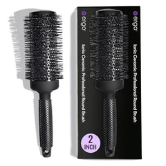 ERGO Ceramic Ionic Round Brush barrel closeup highlights tourmaline ceramic for frizz control.