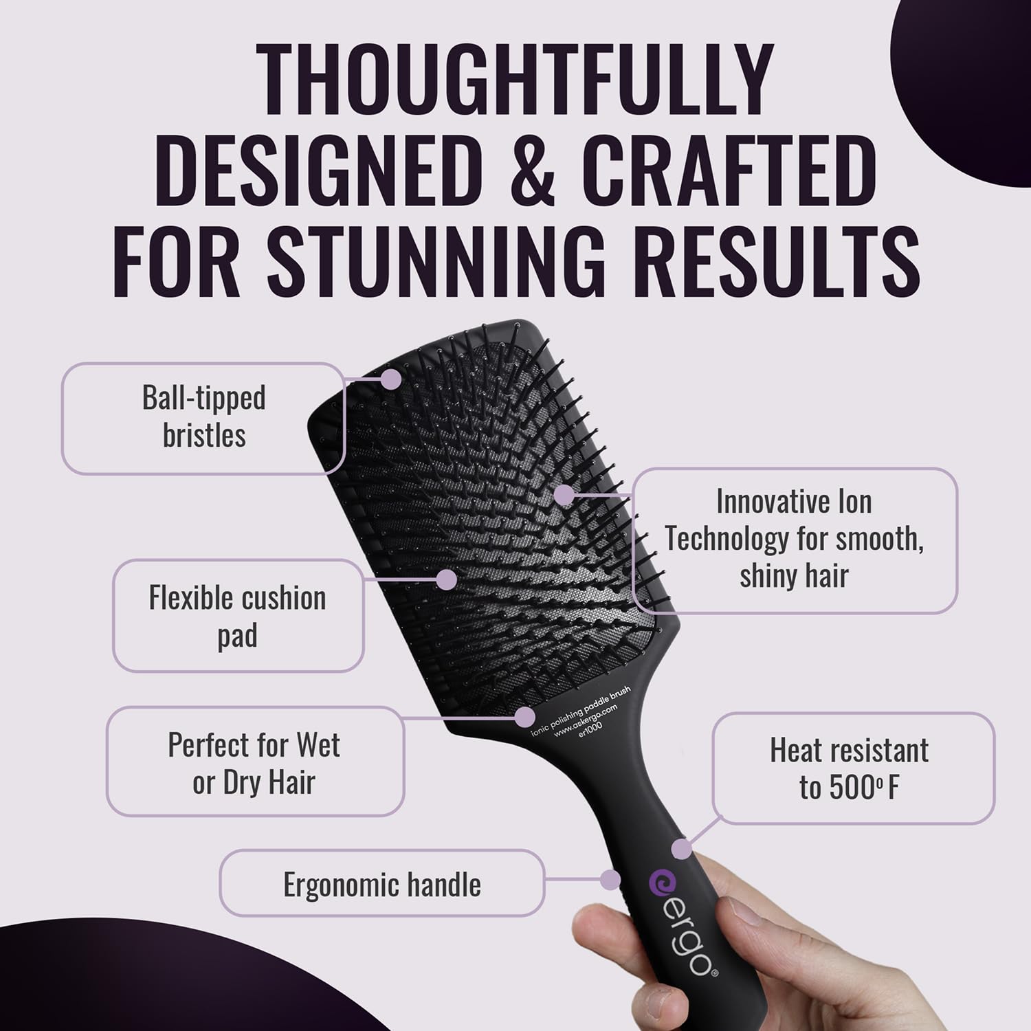 ERGO Ionic Paddle Brush cushion pad delivers gentle scalp massage and comfort