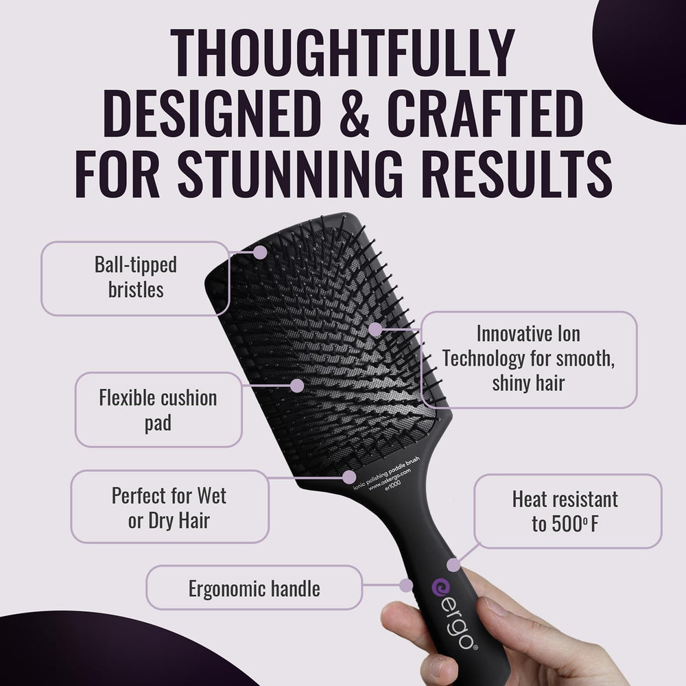 ERGO Ionic Paddle Brush cushion pad delivers gentle scalp massage and comfort