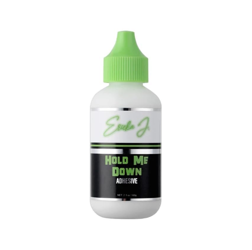 Ericka J Hold Me Down Adhesive bottle shows water-resistant hold for lace wigs