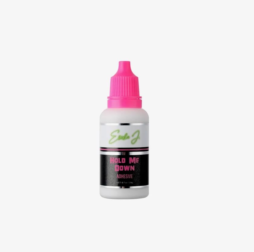 Ericka J Hold Me Down adhesive bottle demonstrates quick-drying, long-lasting hold for lace wigs.