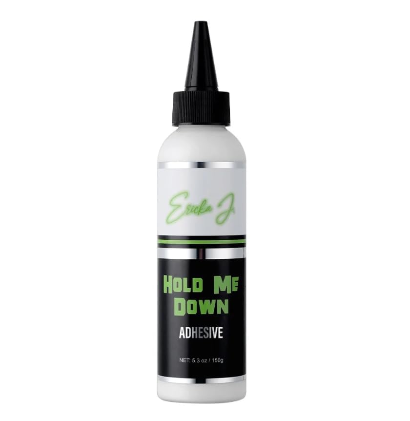 Ericka J Hold Me Down adhesive bottle with quick-dry, strong hold for lace wigs.