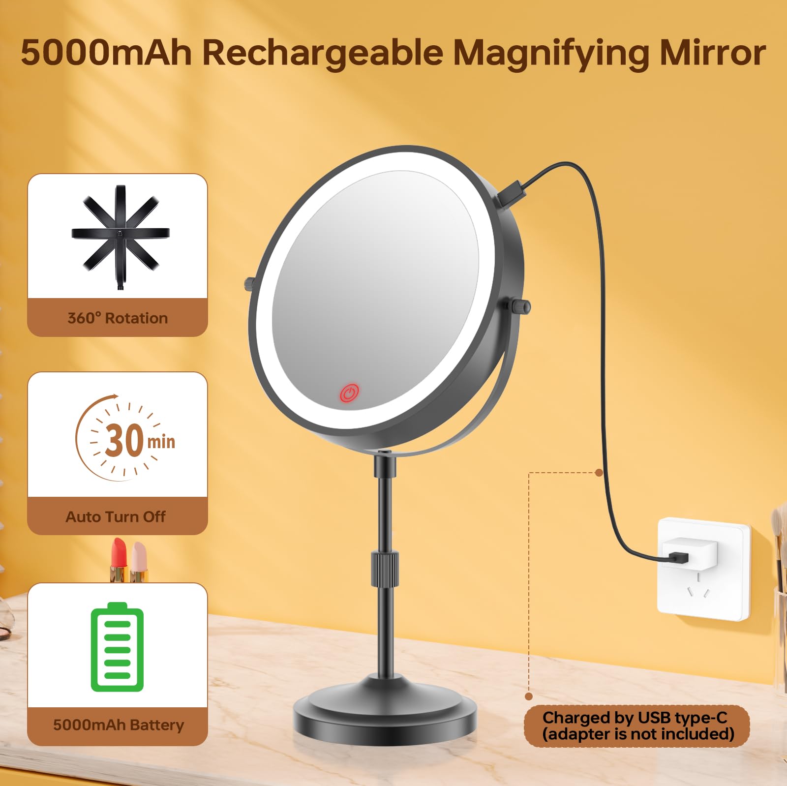Erlingeryi mirror with 3-color dimmable lighting for natural makeup lighting.