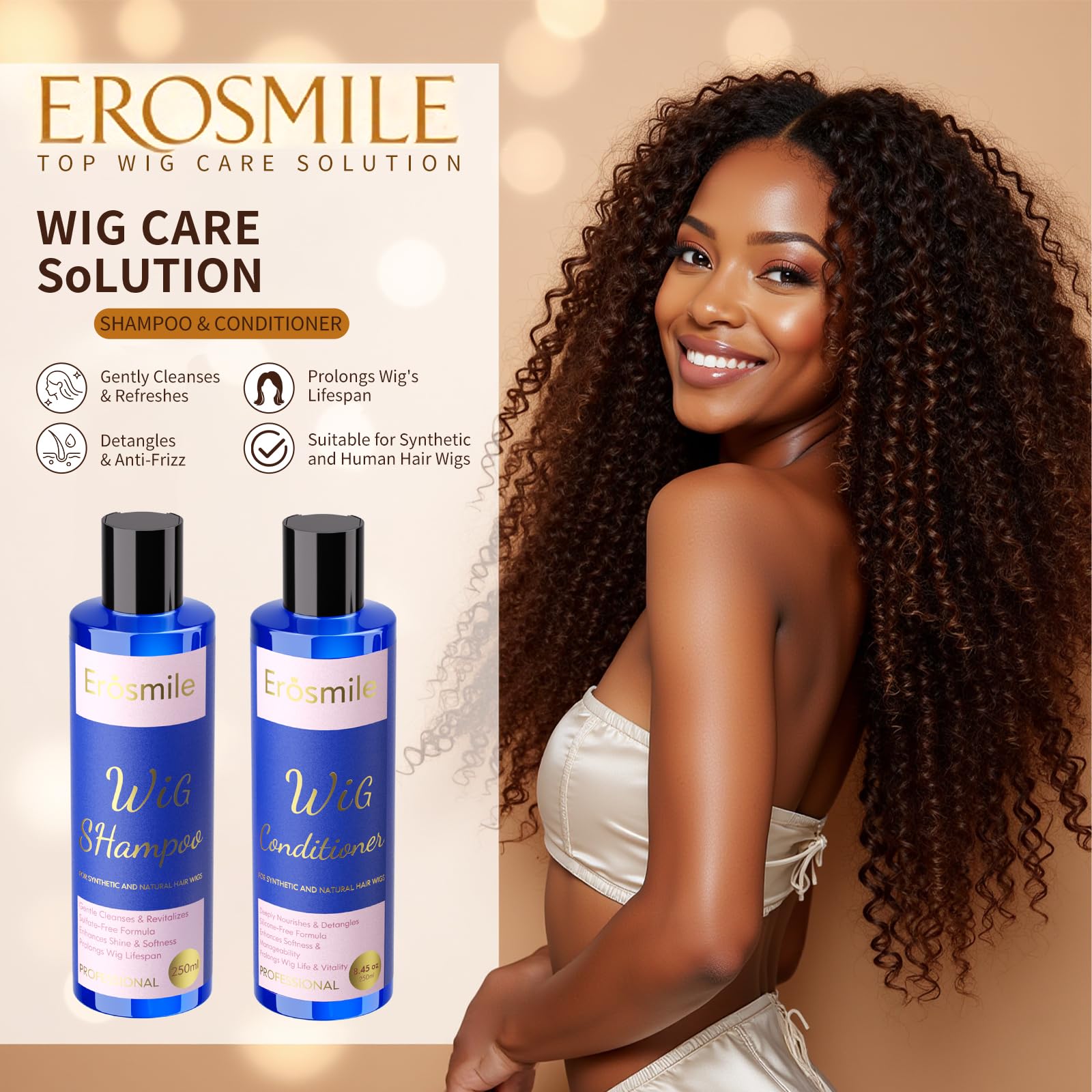 EROSMILE luxury wig conditioner bottle emphasizing deep nourishment for knot-free wigs.